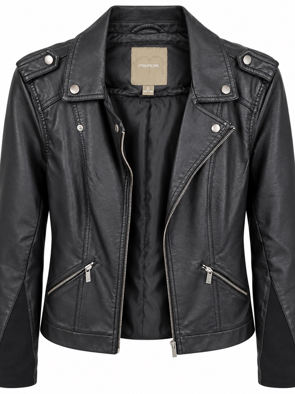 Maurices Black Faux Leather Moto Biker Jacket Silver Hardware Size L